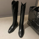 Frauen Cowboystiefel Spitzschuh Damenschuhe Prägung PU-Lederschuhe Kniehohe Stiefel Chunky Wedges Schuhe u694