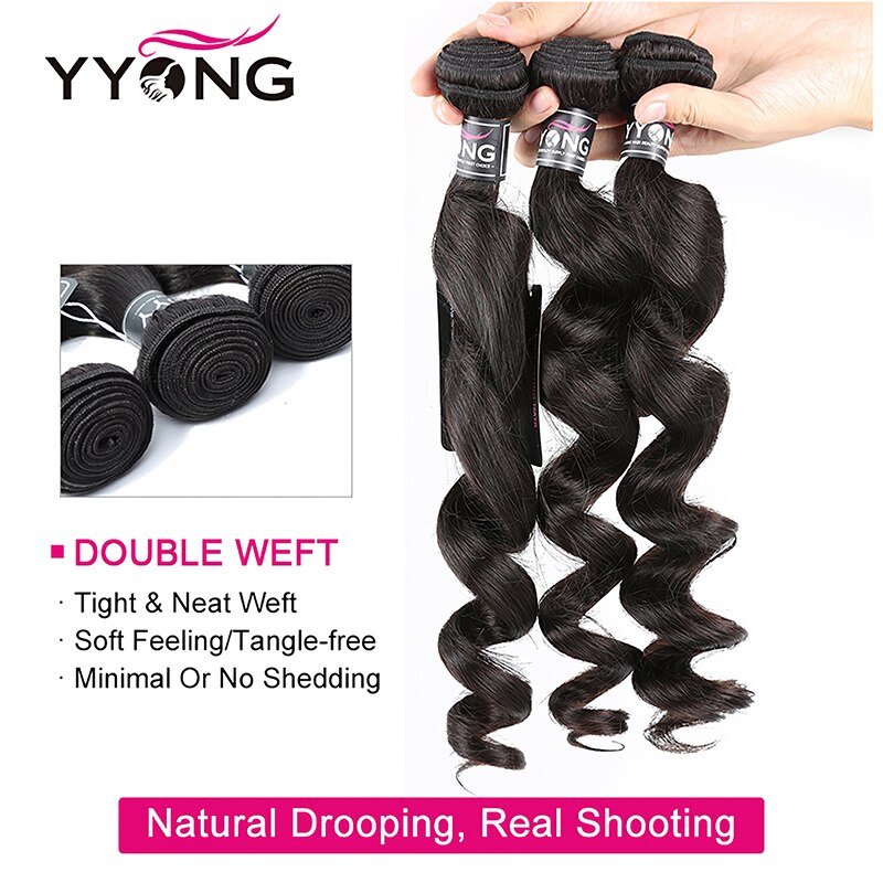 Yyong Hair Peruvian Loose Wave 3/4 Bundles Human Hair With Lace Closure 4x4 Lace Closure With Bundles Natural Color Remy Hair