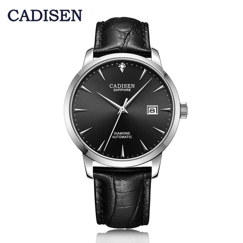 CADISEN Herrenuhren Automatische mechanische Armbanduhr MIYOTA 9015 Top-Marken-Luxus-Uhr mit echten Diamanten, gebogene Saphirglasuhr