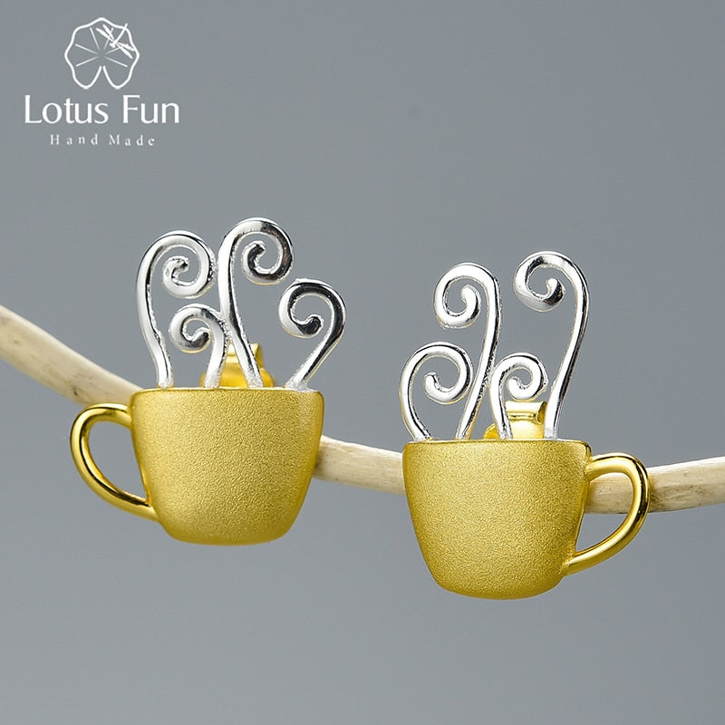 Lotus Fun Real 925 Sterling Silver Earrings Original Handmade Fine Jewelry Hot Coffee Cup Fashion Stud Earrings for Women Gift