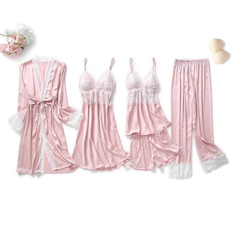 Black Sexy Women Robe Set Faux Silk Kimono Bathrobe Gown 5PCS Sleepwear Suit Hollow Out Lace Nightgown Home Wear Wedding Gift