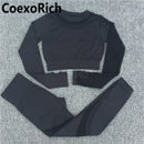 Conjunto de Yoga para mujer, ropa de gimnasio, traje deportivo, Top corto de manga larga calado sin costuras, mallas de entrenamiento de cintura alta, ropa deportiva