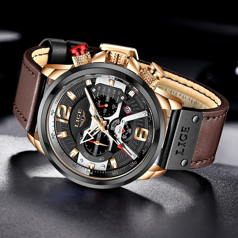 2022 neue Herrenuhren LIGE Top-Marke Leder Chronograph wasserdicht Sport Automatik Datum Quarzuhr für Männer Relogio Masculino