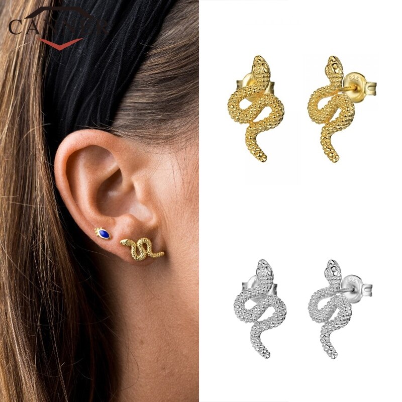 CANNER 2pcs 925 Sterling Silver Punk Snake Piercing Stud Earrings for Women Simple Gold color Female Fashion Minimalist Jewelry
