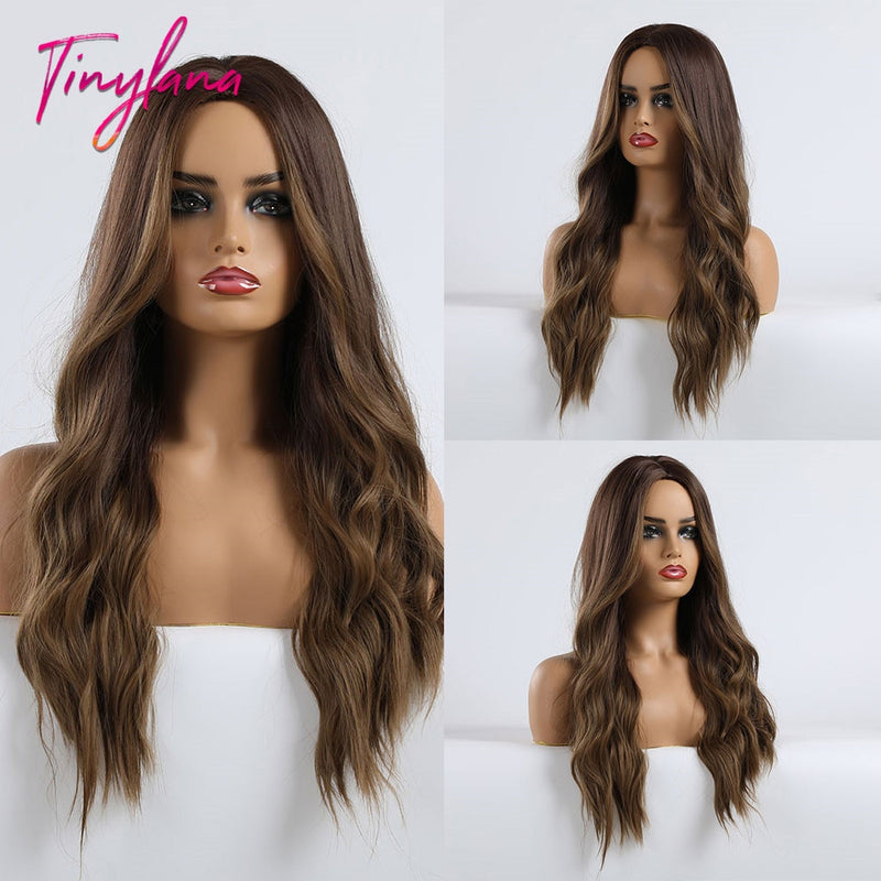 TINY LANA Synthetic Long Ombre Wavy Wigs Brown Blonde Middle Part Cosplay Wigs with Bangs For Women Long Hair Wigs Fake Hair