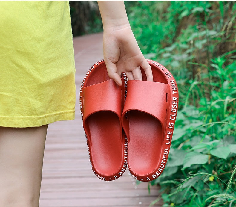 Women Men Summer Slippers Beach Slide Sandals Flip Flops Words Soft Sole Thick Bottom Comfort Ladies Couples Bathe Shoes