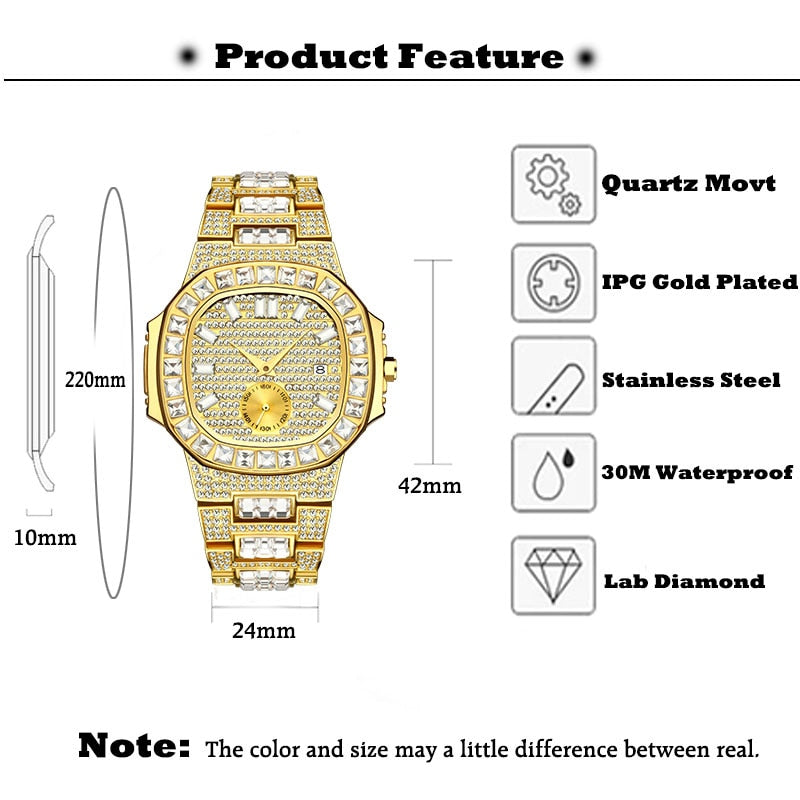 MISSFOX Luxus-Herrenuhr Gold 18 Karat Modell Vollständig gepflasterter Baguette-Diamant Herrenuhren Wasserdichter Kalender Männliche Uhr Stunden