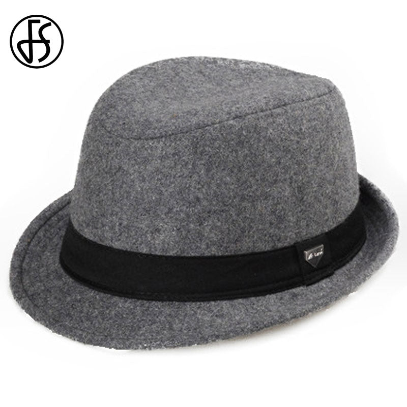 FS Vintage Herren Fedora-Hüte mit breiter Krempe aus Wollfilz für schwarzen Jazz Trilby Panamahut Gentleman Gangster Caps Fedora Chapeau Homme