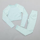 Traje de Yoga sin costuras, conjunto deportivo, ropa de gimnasio, Fitness para mujer, Top corto de manga larga, mallas de cintura alta, conjunto de entrenamiento acanalado, chándales