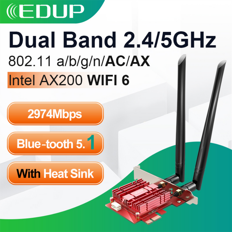EDUP 3000Mbps WiFi 6 PCI Express Blue-tooth 5.1 Adapter Dual Band 2.4G/5GHz 802.11AC/AX Intel AX200 PCIe Wireless Network Card