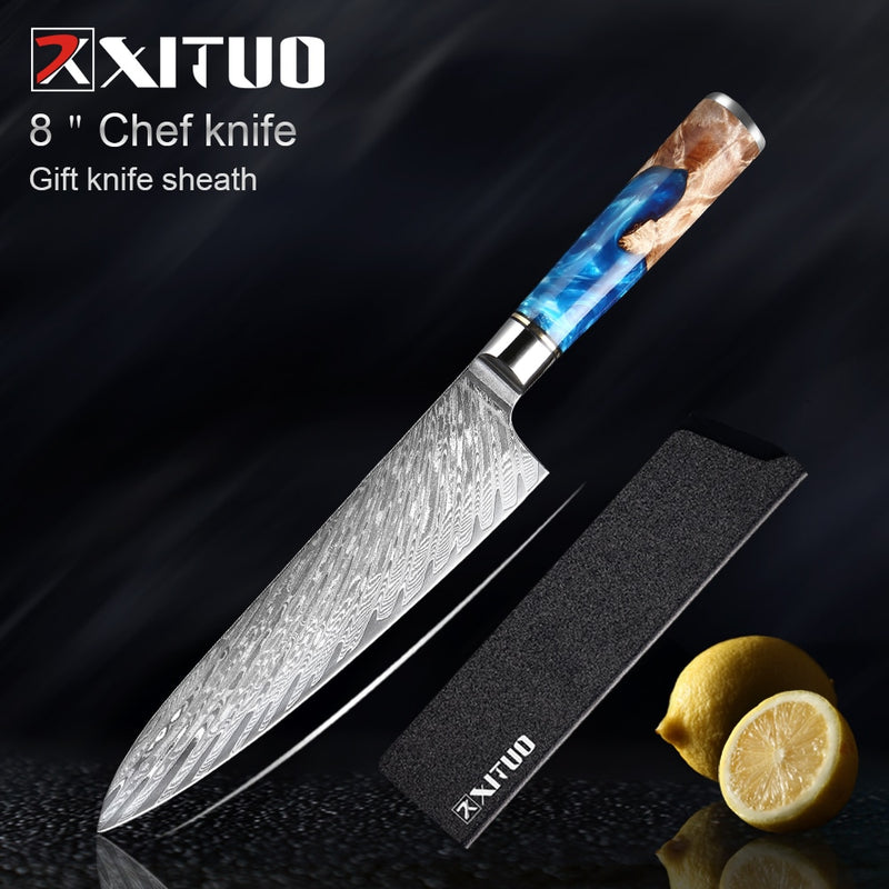 Juego de cuchillos de cocina XITUO, cuchillo de Chef de acero de Damasco, cuchillo de carnicero para pelar, cuchillo de pan, herramienta de cocina, mango de resina azul, 1-6 unids/set