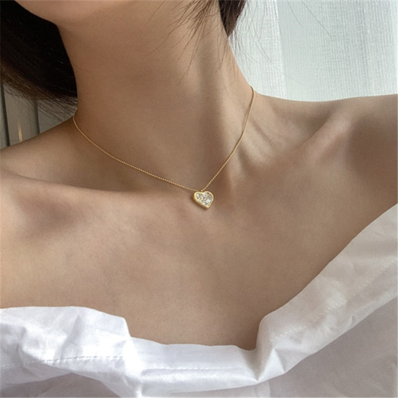 925 Sterling Silver Pavé Crystal Heart Pendant 14k Gold Plating Clavicle Chain Necklace Women Exquisite Simple  Jewelry Gift