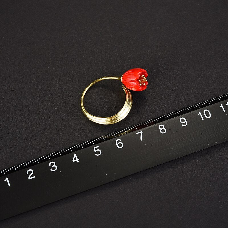 Lotus Fun Ring aus echtem 925er Sterlingsilber, 18 Karat Gold, rote Koralle, handgefertigt, feiner Schmuck, Maiglöckchen, Blumenringe für Frauen, Geschenk