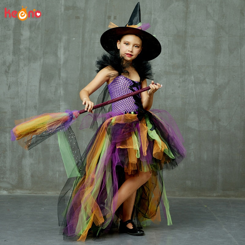 Girls Halloween Witch Tutu Dress Rainbow Trailing Tulle Kids Carnival Cosplay Party Dress Children Fancy Ball Gown Dress Costume