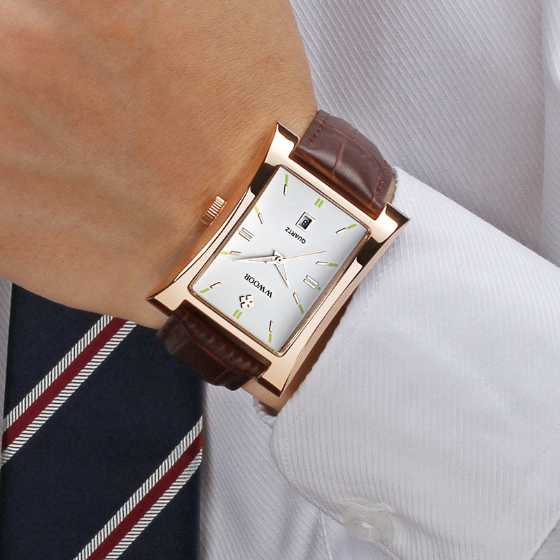 WWOOR Marke Klassische Mode Herren Rechteck Uhren Männlich Gold Braun Leder Quarz Wasserdichte Armbanduhr Für Herren Kalender Uhren