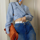 VGH Asymmetrische Schlanke Damenblusen Reverskragen Langarm Lässige Kurze Hemden Tops Für Damenmode Kleidung 2022