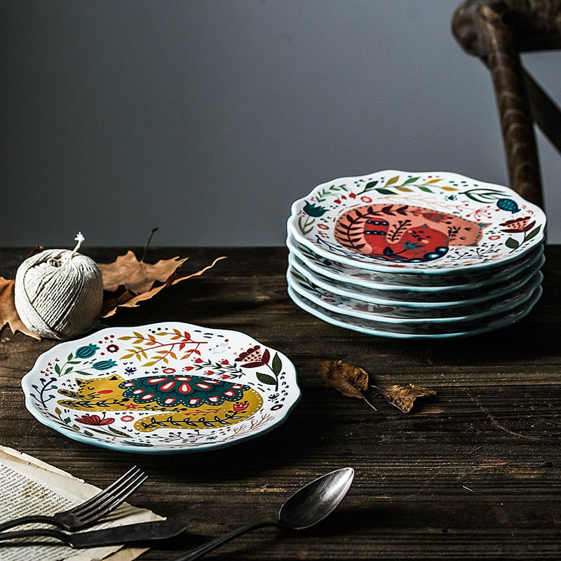 8 Inch Nordic Creative Cartoon Hand Painted Cat Plate Ceramic Tableware Under Glazed Dessert Dish Microwave Snack Steak Plate