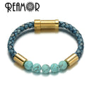 REAMOR Männer Schwarz Grün Naturstein Geflochtene Lederarmbänder Goldfarbe 316L Edelstahl Eingebetteter Verschluss Armreif Schmuck