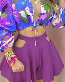 2021 Frauen Neue Colorblock Laterne Ärmel Crop Top &amp; Ausschnitt Plain Shorts Set Sommer Casual Sexy Aushöhlen Shirt 2 STÜCKE Anzug Sets