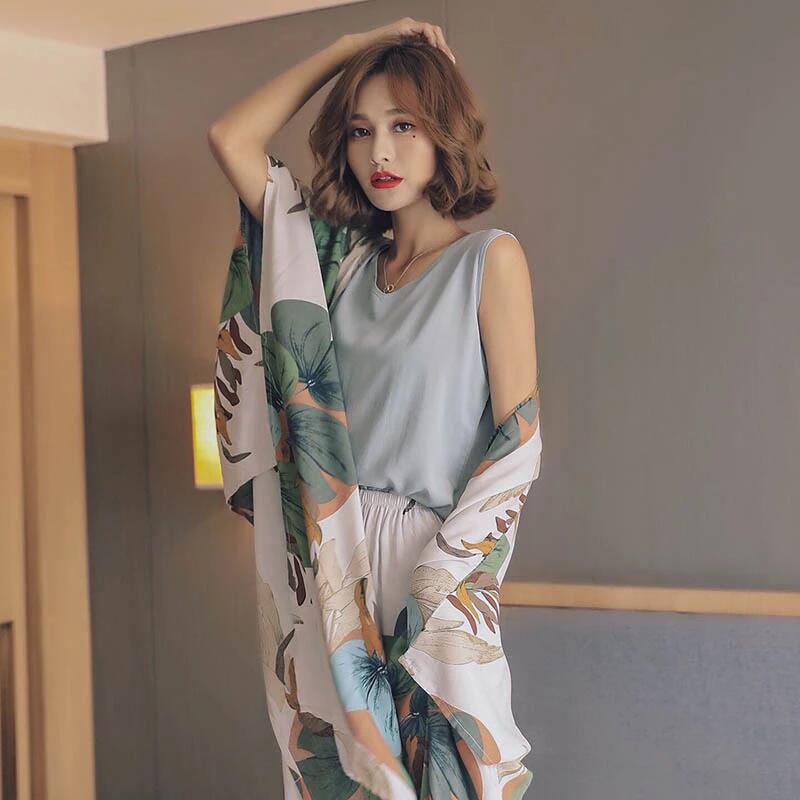 Autumn Ladies Pajama Set Cotton Satin 4Pcs Set Cardigan+Vest+Pants+Shorts Floral Printed Elegant Femme Tender Sleepwear Homewear