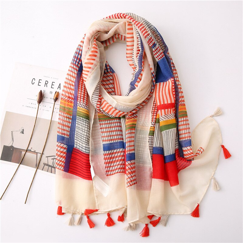 2020 fashion spring summer geometry printing cotton scarf with tassel fashion wraps shawls sunscreen beach hijabs wholesale