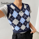 Sweetown Argyle Plaid Strick Tank Top Damen Strickwaren Adrette Kleidung V-Ausschnitt Lässige Crop Pullover Weste 90er Streetwear