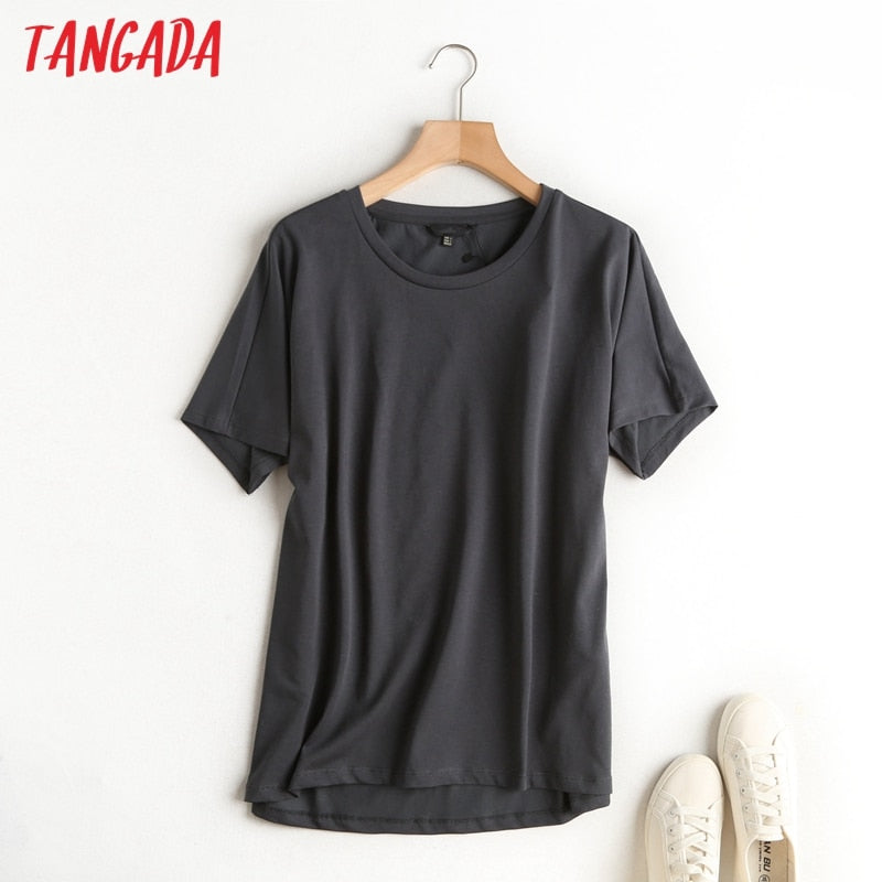 Tangada 2022 women khaki basic cotton T shirt short sleeve O neck tees ladies casual tee shirt street wear top 6D5