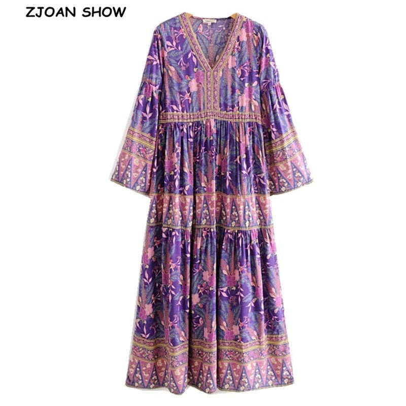 2019 Bohemia V neck Purple Leaves Floral print Dress Ethnic Woman Flare Long Sleeve Stitching Pleated Hem Dresses Holiday Beach