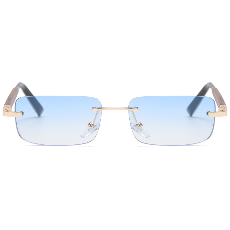 Peekaboo gafas de sol rectangulares sin montura teñidas retro azul marrón marco de madera de imitación sin marco mujeres gafas para hombres uv400