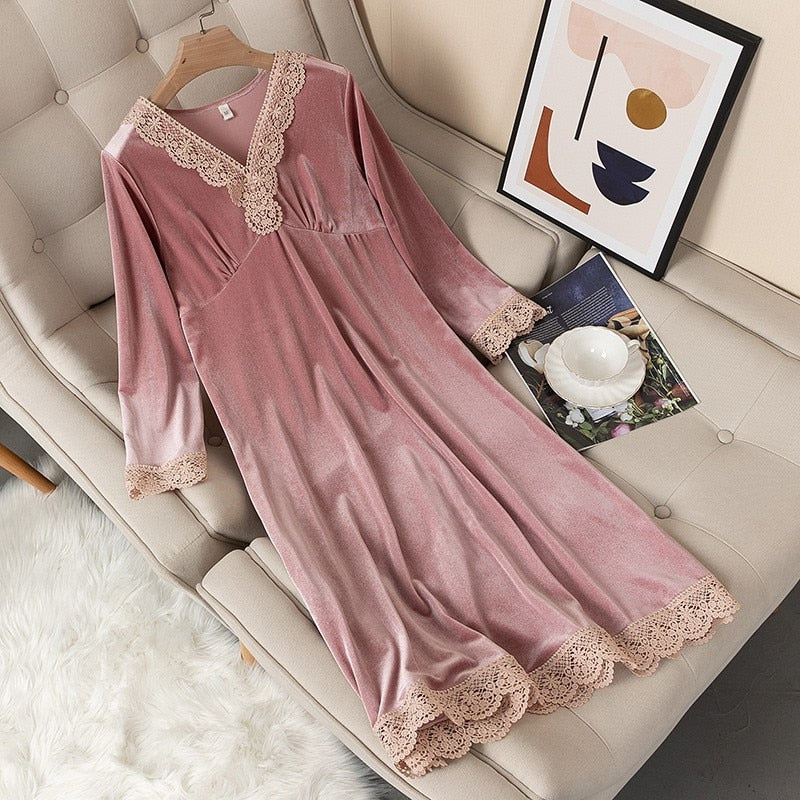 Nightgown Autumn V-Neck Nightdress Women Sleepwear Velvet Nightwear Home Dressing Gown Long Sleeve Intimate Lingerie Negligee