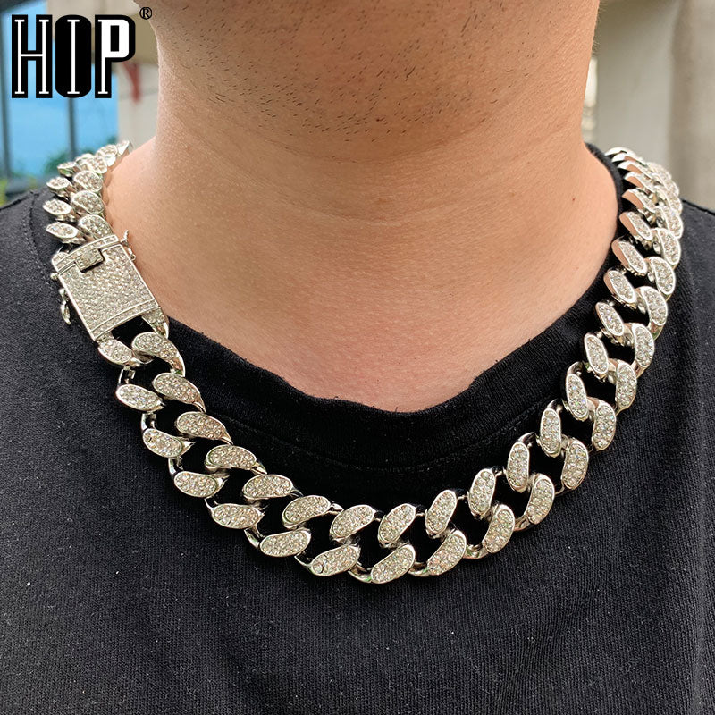 Hip Hop 1Set 20MM Full Iced Out Paved Rhinestones Miami Curb Cuban Chain CZ Bling Rapper Necklaces For Men Jewelry