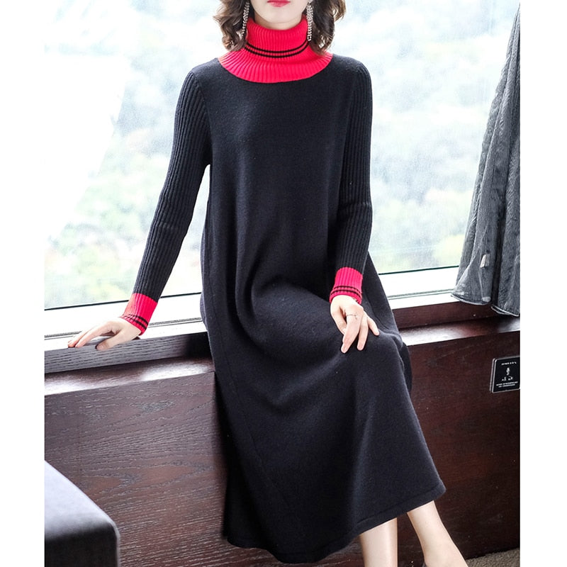 Winter Vintage Women's Turtleneck Black Sweater Dress 2023 Autumn Long Casual Knitting Maxi Dress Elegant Bodycon Party Vestidos