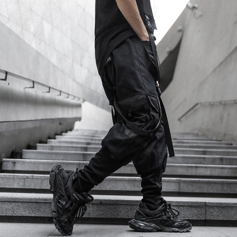 Cotton Hip Hop Cargo Pants Men Streetwear Ribbon Trousers Casual Harem Joggers Sweatpants  Harajuku Tide Brand Mens Clothing