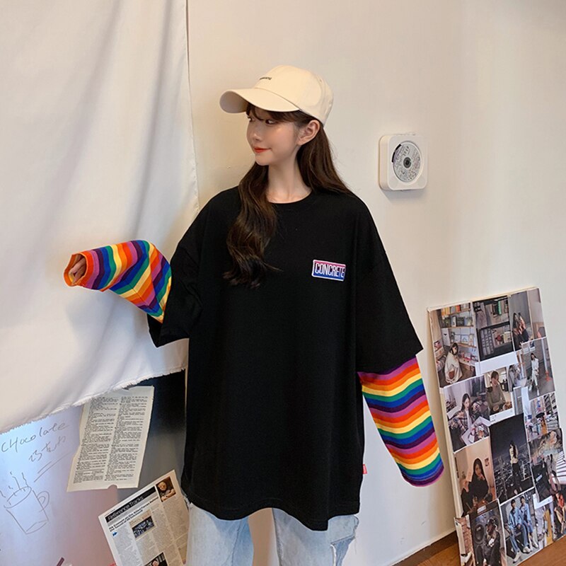 Hirsionsan Rainbow Kawaii T Shirt Women 2020 New Spring Long Sleeve Harajuku Tees Casual Student Tops Stripe Oversized Clothes