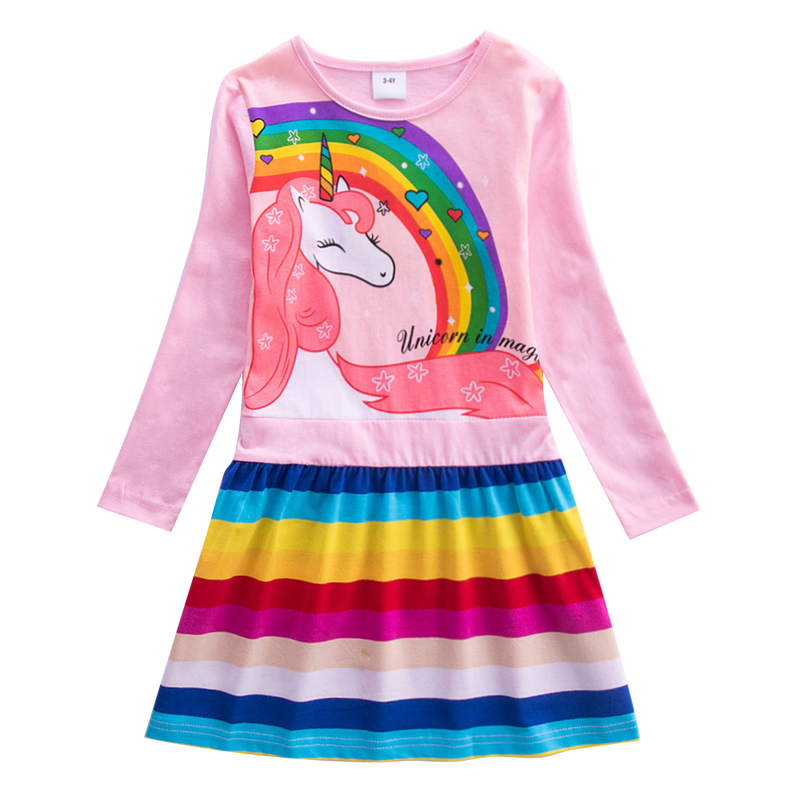 Girls Long Sleeve Star Embroidered Dress Girls Autumn New Style Two Pocket Rainbow Striped Sleeve Cotton Dress LH5809