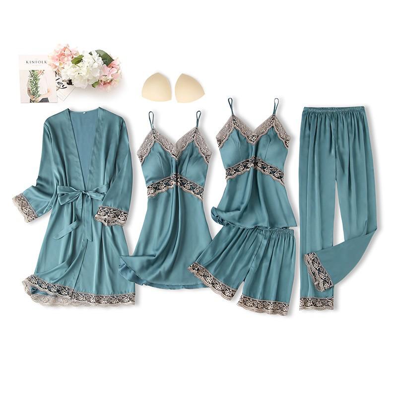 Black Sexy Women Robe Set Faux Silk Kimono Bathrobe Gown 5PCS Sleepwear Suit Hollow Out Lace Nightgown Home Wear Wedding Gift