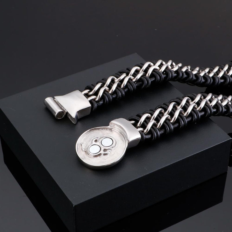 Fongten Antique Teen Wolf Head Charm Bracelet Braid Stainless Steel with Leather Rope Men's Bracelets Bangle Wristband Pulseira