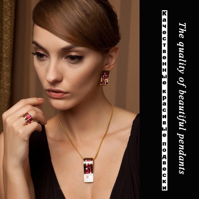 Neue Ankunft Dubai Gold Schmuck Sets für Frauen Rot Elegante Klassische Emaille Halskette Set (Halskette, Ohrring)