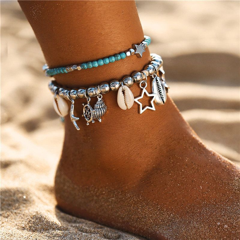 BLUESTAR Bohemian Multiple Layers Turtle Beads Anklets jewelry Vintage Chain Anklet Bracelet Beach Jewelry DIY bangle set