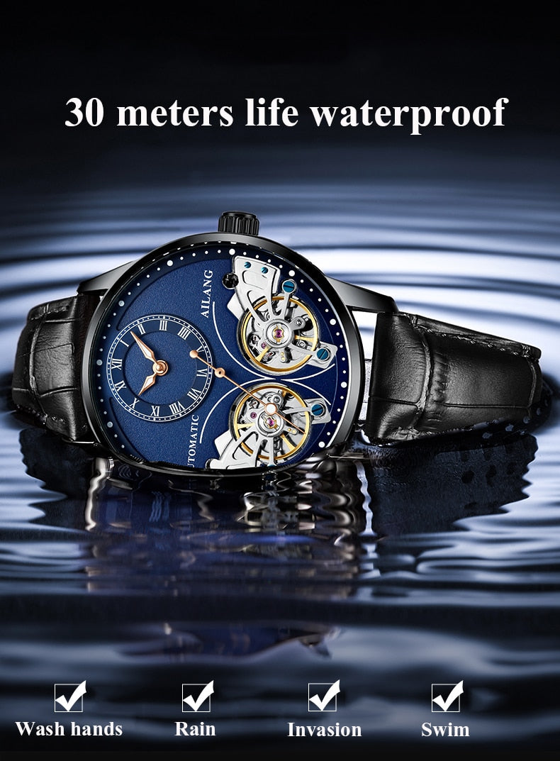 AILANG Echte Marke Herren Doppel Tourbillon leuchtend direkt aussehende mechanische Uhr Automatikuhr Herrenuhr hohles Uhrwerk