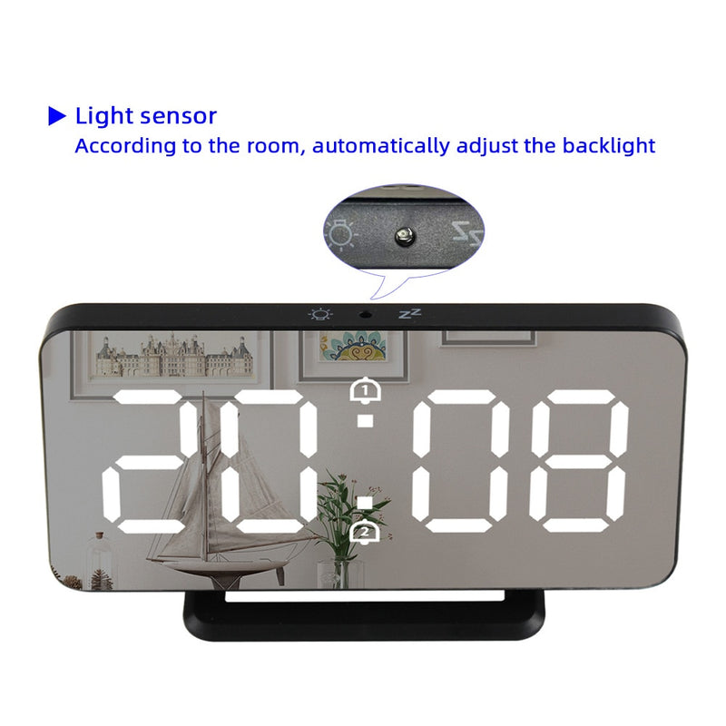 Mirror Digital Alarm Clock LED Electronic Temperature Wall Table Snooze Clocks USB Multifunction Watch Nightlight Home Office