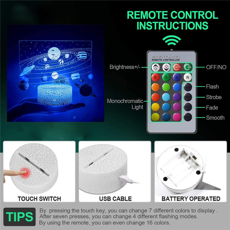 Luz nocturna USB de 16 colores y sistema Solar remoto de 24 teclas, lámpara de ilusión 3D, universo, espacio, niños, niñas, cumpleaños o regalos de vacaciones