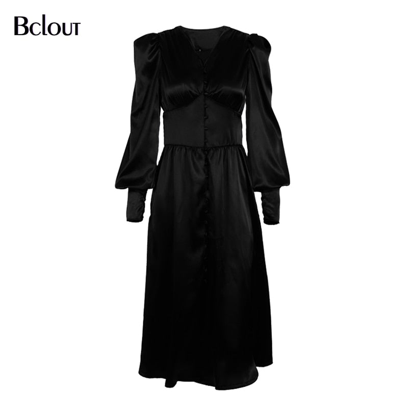 Bclout Elegant Satin Single-Breasted Shirt Dress Fashion Beige Slim V Neck Long Dresses Woman Latern Sleeve Autumn Winter Robe