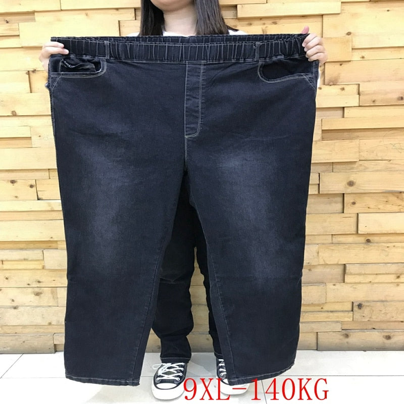Otoño e invierno nuevos pantalones vaqueros casuales de gran tamaño 7XL 8XL 9XL moda mujer elástico cintura alta bolsillo alto elástico grueso jeans