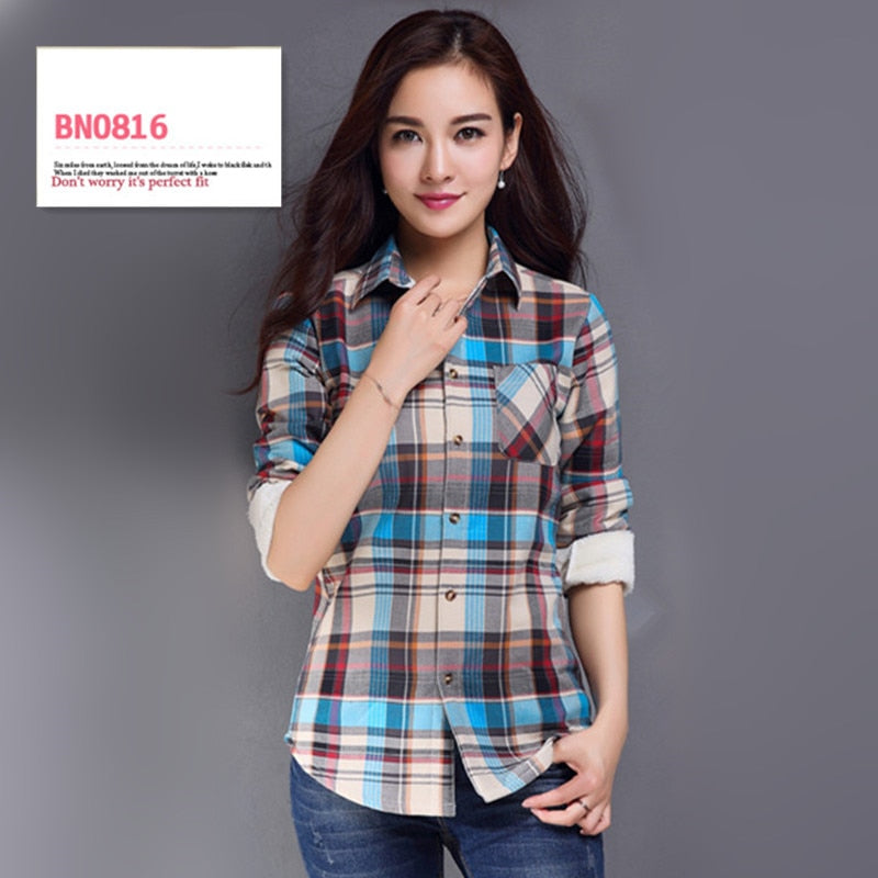 S-4XL Women Cotton Shirt Spring Autumn Winter 2022 New Casual Long-sleeve Brushed Plaid Stripe Shirts Girl's Tops Blouse Female