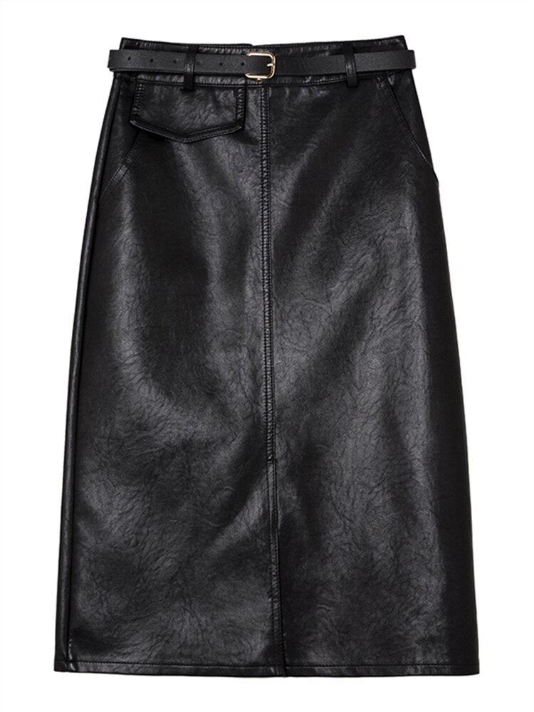 REALEFT, falda negra de cuero PU, faldas Midi de tubo con abertura frontal para otoño e invierno, elegantes faldas envolventes de cintura alta con cinturón 2022