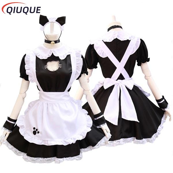 Black Lolita Dresses Maid Outfit Cute Cat Cosplay Costume Women Suit Apron Dress Halloween Costumes