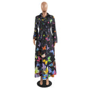 Frühling Herbst Camouflage Lange Kleider Damen Langarm Schlank Maxi Bodenlanges Kleid Kausales Umlegekragen Button Up Hemdkleid