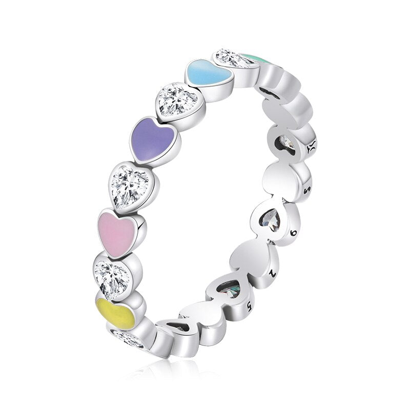 WOSTU Hot Sale 925 Sterling Silver Multi-Color Rainbow Heart Finger Rings For Women Fashion Anniversary Ring Jewelry Gift CQR444