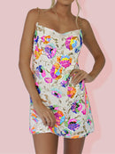 Minikleid mit rosa Blumenmuster und Pailletten, sexy, rückenfrei, Kettenträger, tief ausgeschnitten, kurz, Sommer, Nachtclub, Party, Schwarz, Orange, Weiß